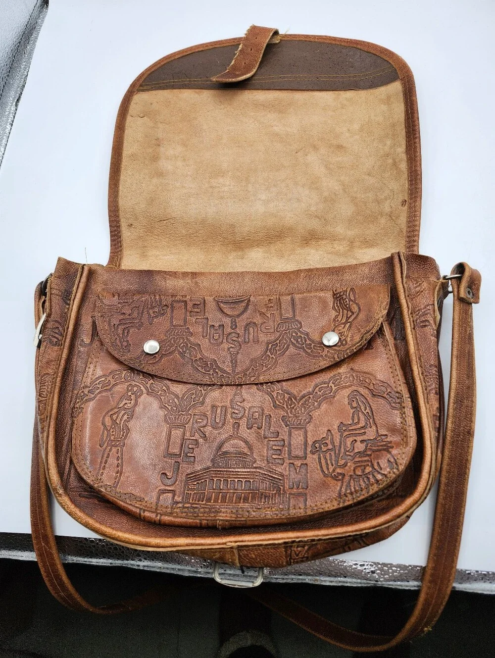 Jerusalem Embossed Leather Crossbody Vintage Bag Brown Handmade Handtooled - Picture 9 of 9